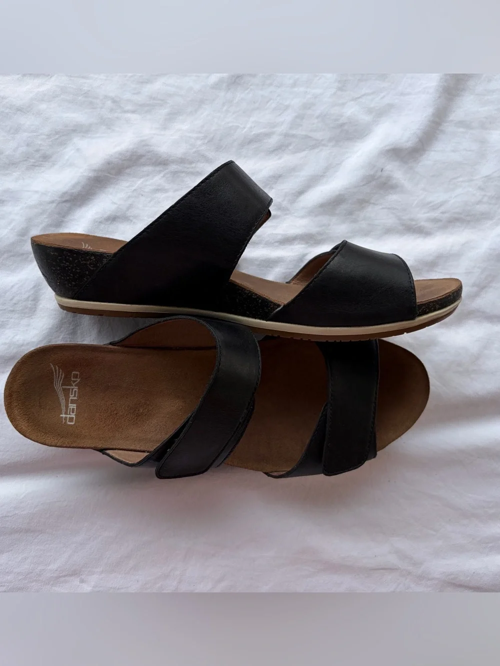 Dansko Black Leather Slide Sandals Two Velcro Straps Small Heel Sz 40 Euro Great